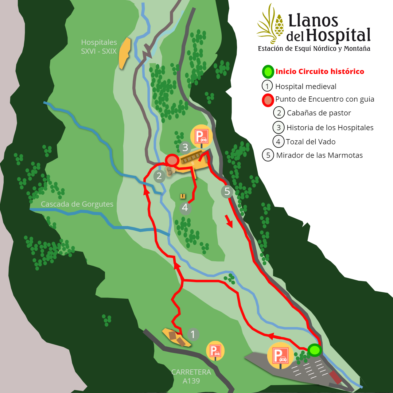 Mapa que muestra la ruta del circuito histórico donde se hace especial enfásis al punto de encuentro con el guía que os acompañará